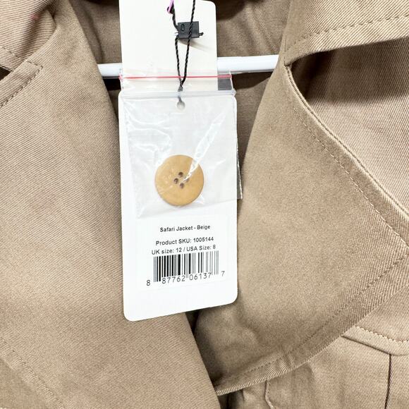 New Saint + Sofia Jacket Women Size 8 Beige Safari Trench Organic Cotton Belted - Picture 3 of 8